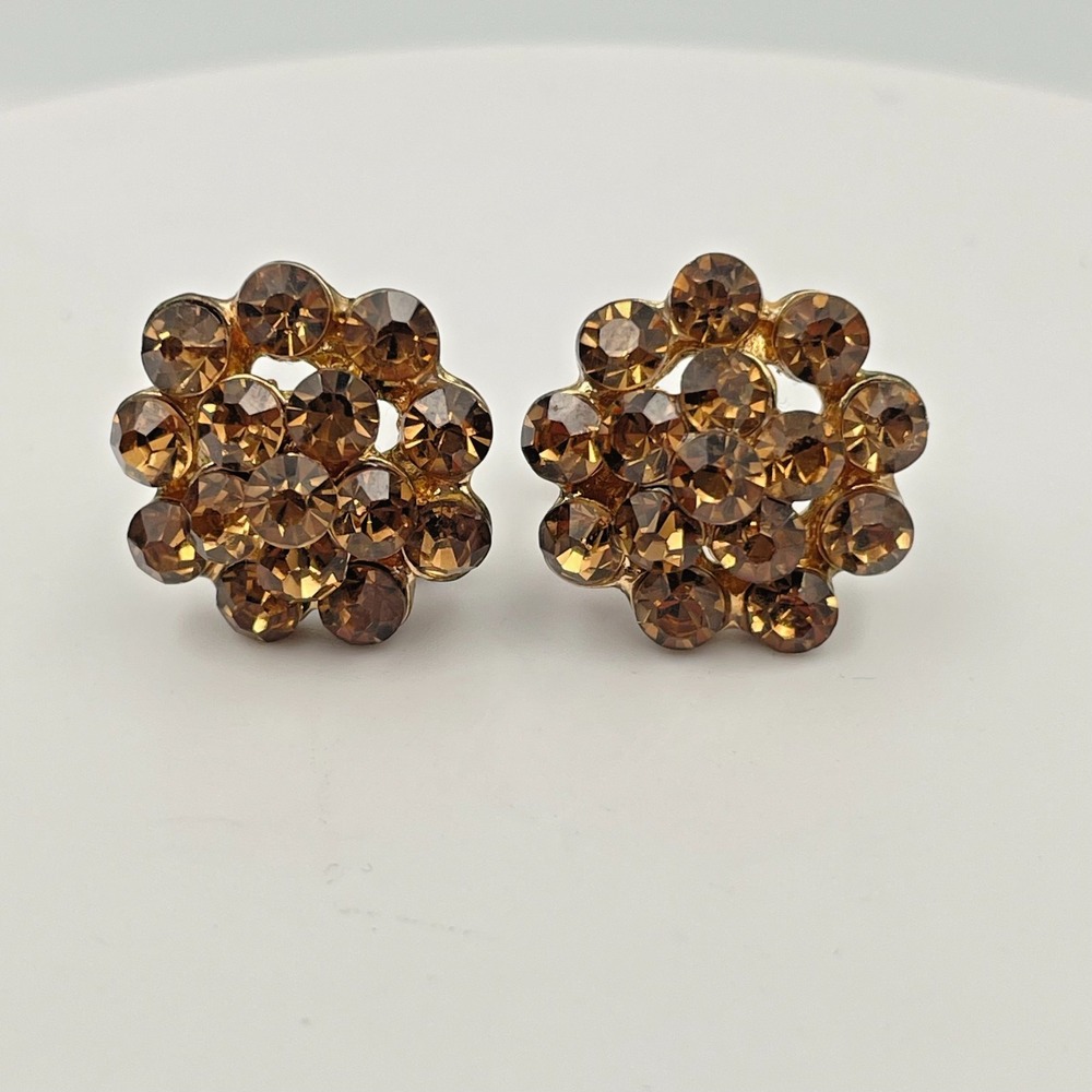 Vintage 90s Amber Rhinestone Floral Stud Earrings Gold Tone Statement Jewelry